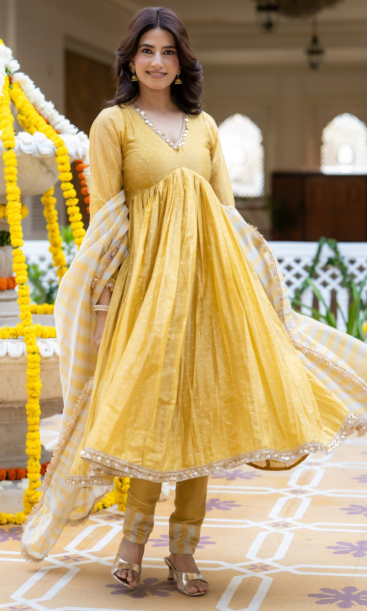 Yumna Yellow Tissue Anarkali Suit Set