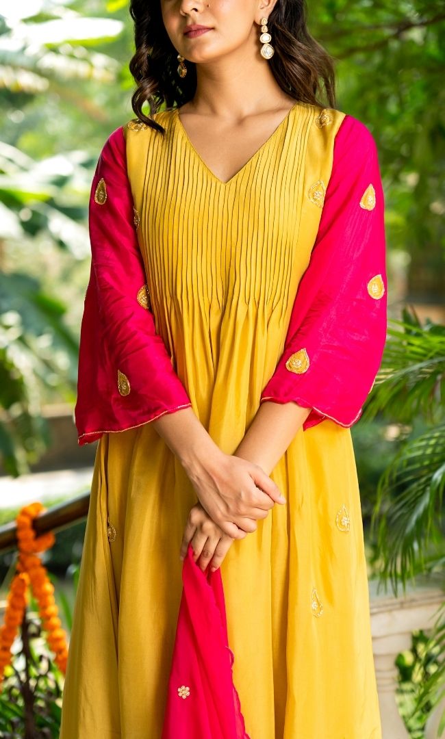 Mustard & Pink Embroidered Suit Set