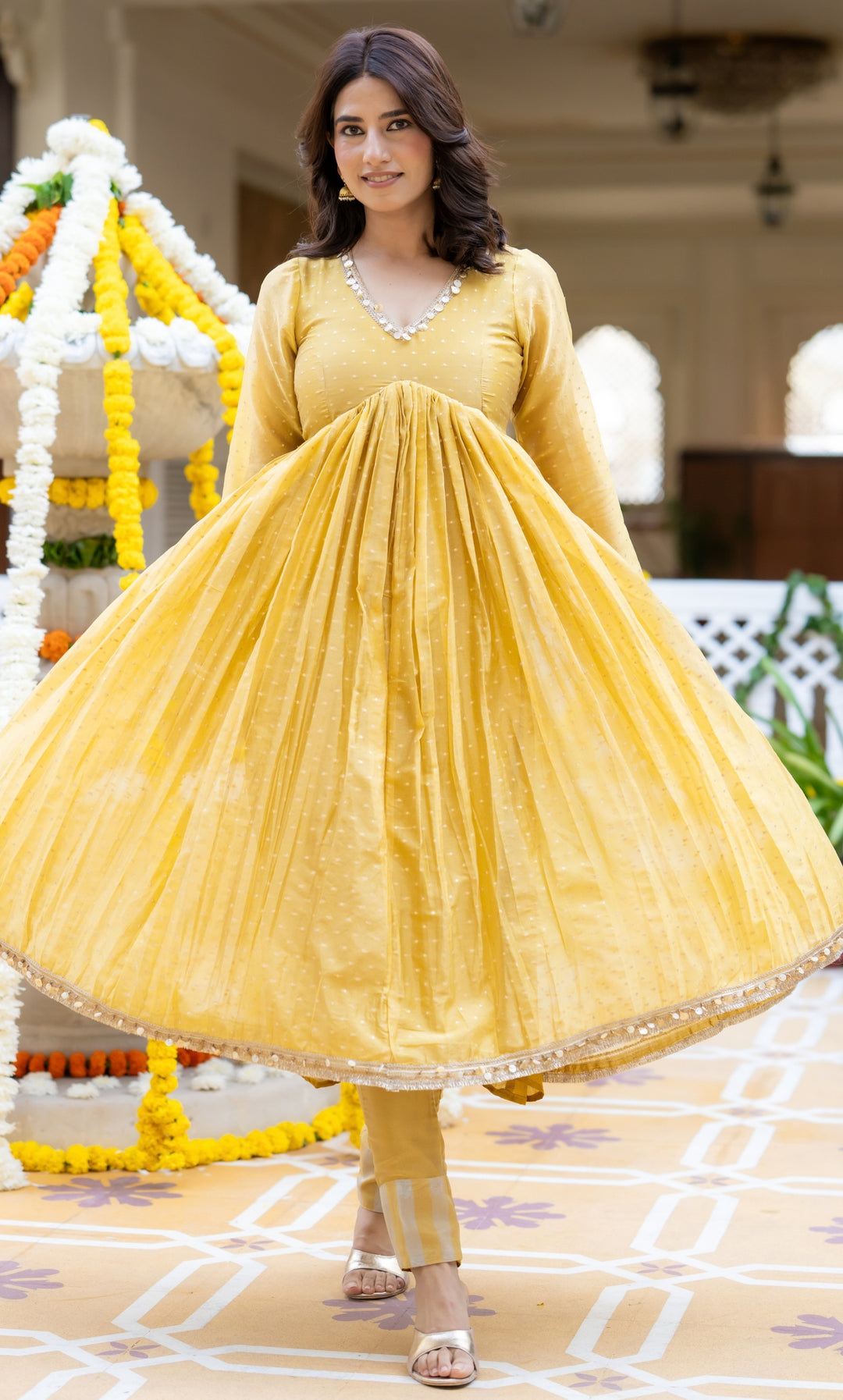Yumna Yellow Tissue Anarkali Suit Set