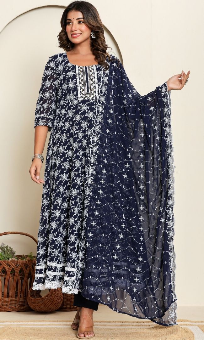 Dotted Navy Blue Anarkali Set