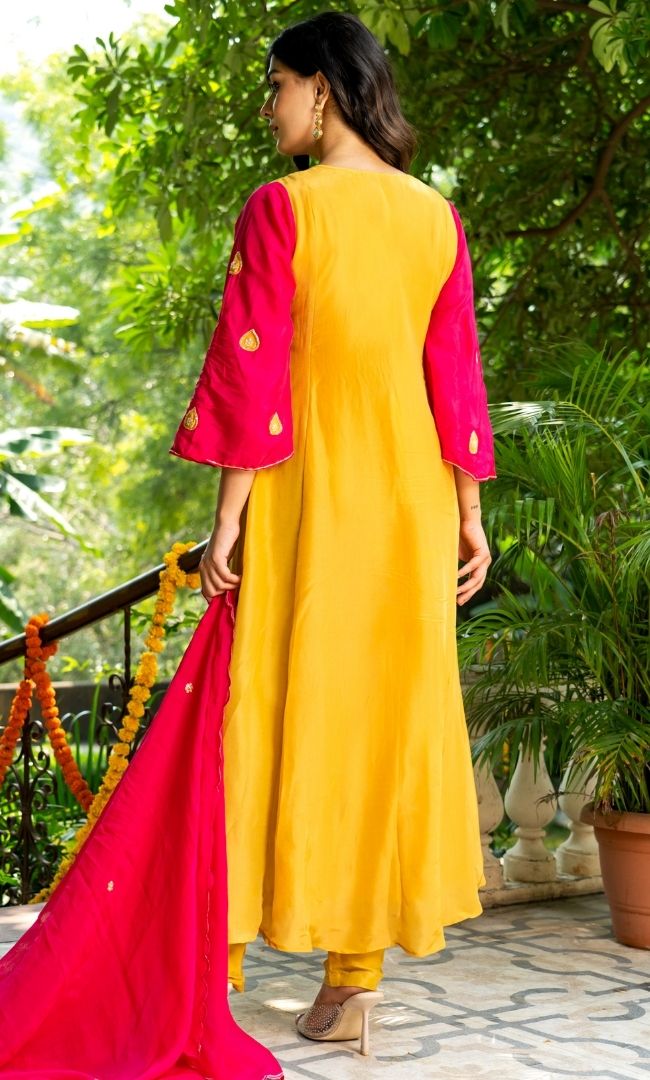 Mustard & Pink Embroidered Suit Set