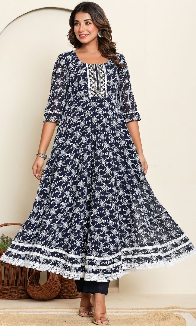 Dotted Navy Blue Anarkali Set