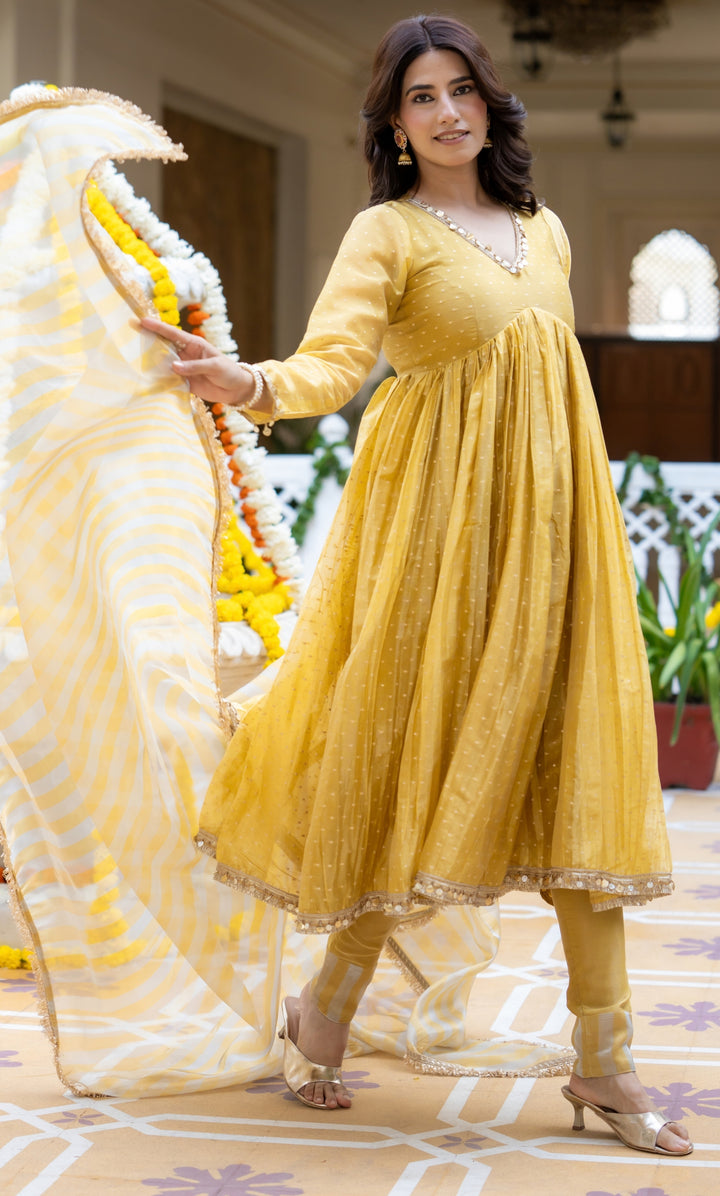 Yumna Yellow Tissue Anarkali Suit Set