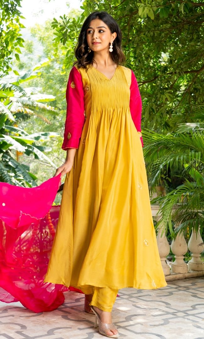 Mustard & Pink Embroidered Suit Set