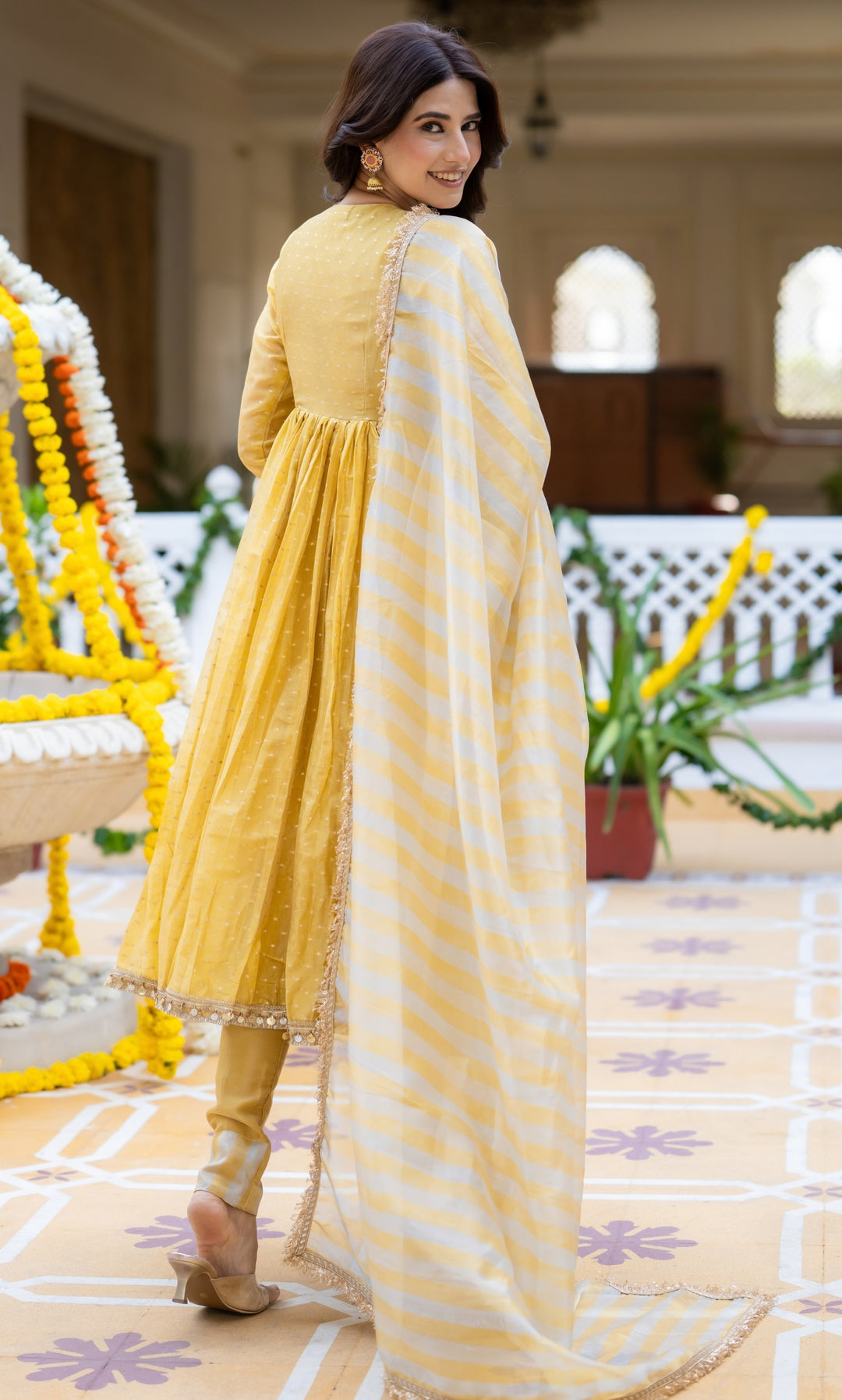 Yumna Yellow Tissue Anarkali Suit Set