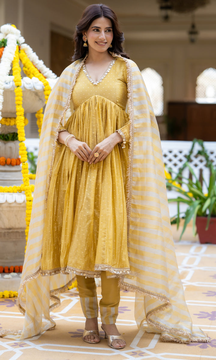 Yumna Yellow Tissue Anarkali Suit Set