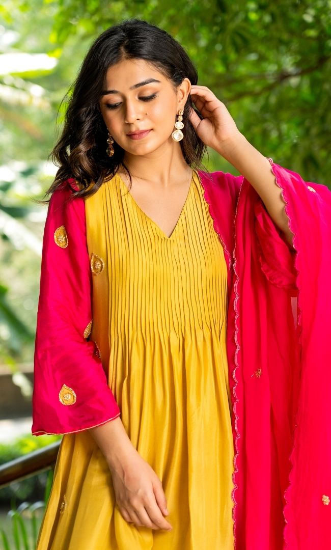 Mustard & Pink Embroidered Suit Set