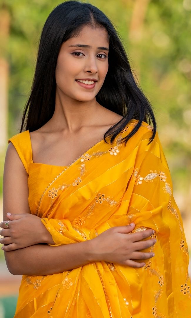 Yellow Stripe Mirror Work  Saree