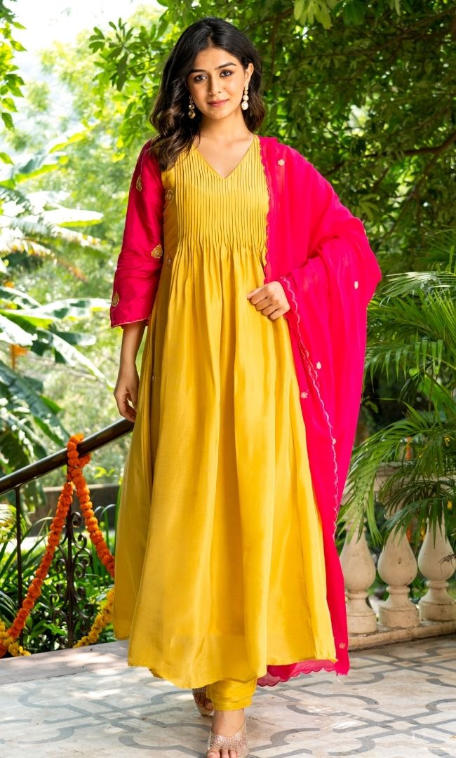 Mustard & Pink Embroidered Suit Set