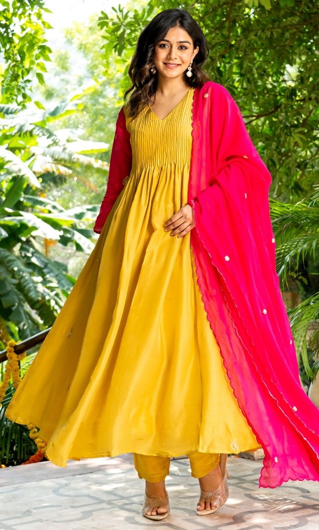 Mustard & Pink Embroidered Suit Set