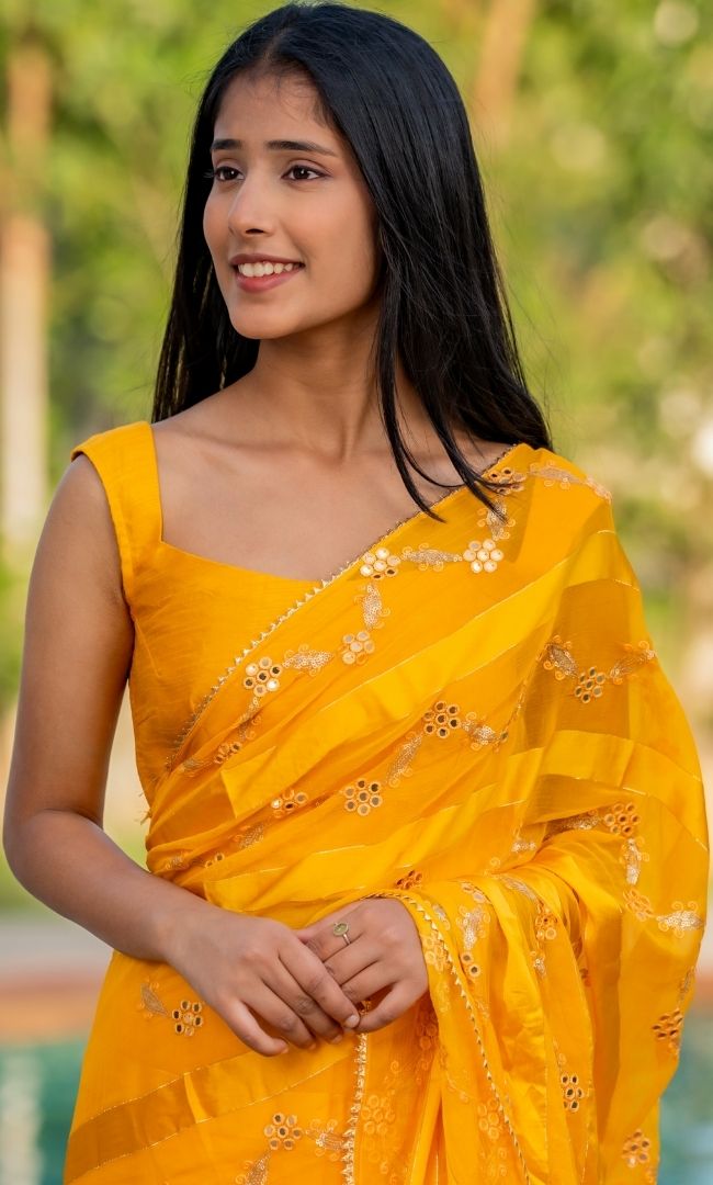 Yellow Stripe Mirror Work  Saree