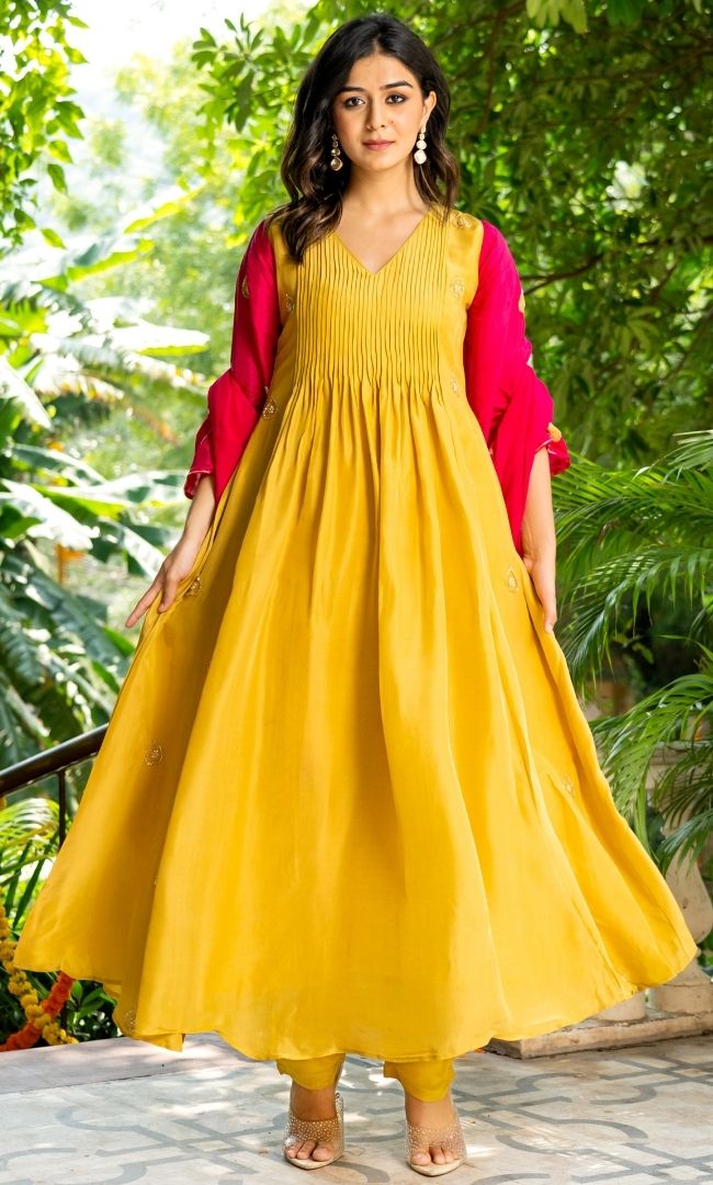 Mustard & Pink Embroidered Suit Set