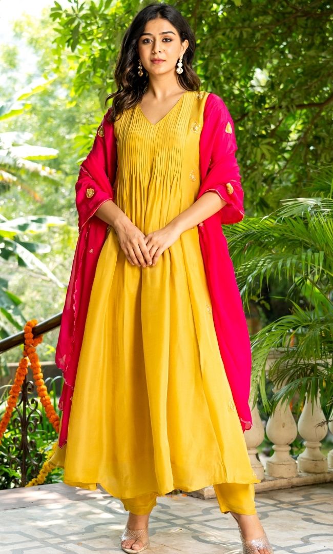 Mustard & Pink Embroidered Suit Set