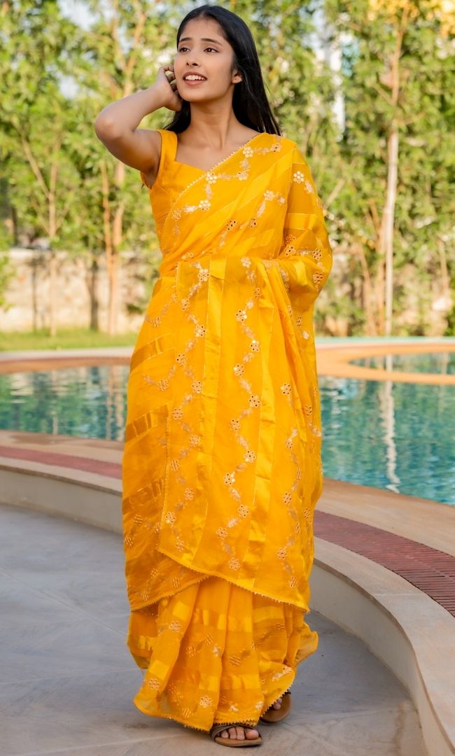 Yellow Stripe Mirror Work  Saree