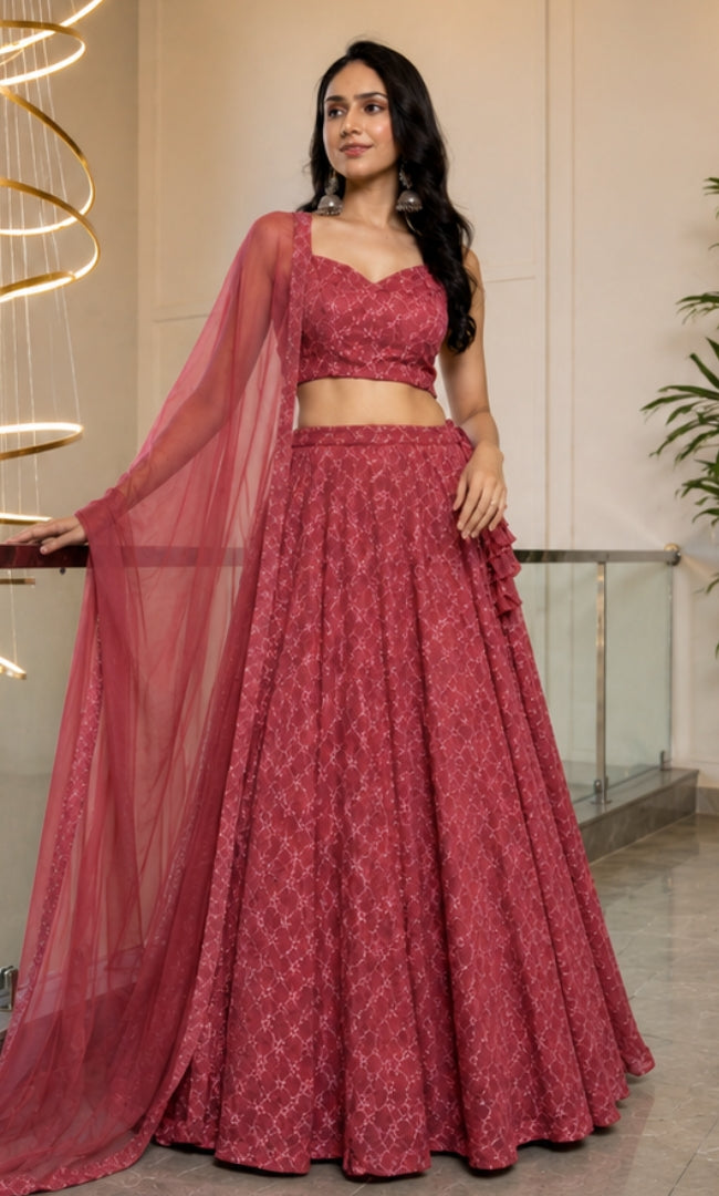 Berry Rose Jaal Embroidery Lehenga Set