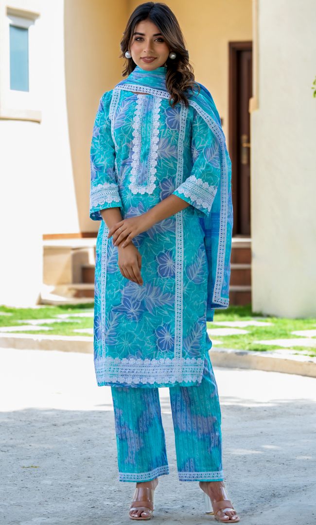 Aqua Printed Cotton Suit Set