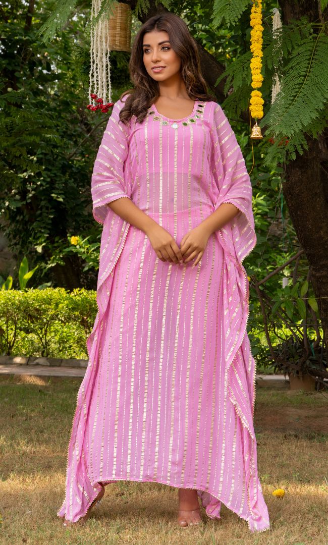 Baby Pink Mirror Work Kaftan Set