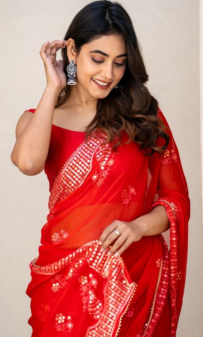 Blush Red Mirror Work Saree