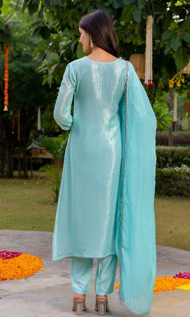 Cyan Blue Lurex Kurta Set