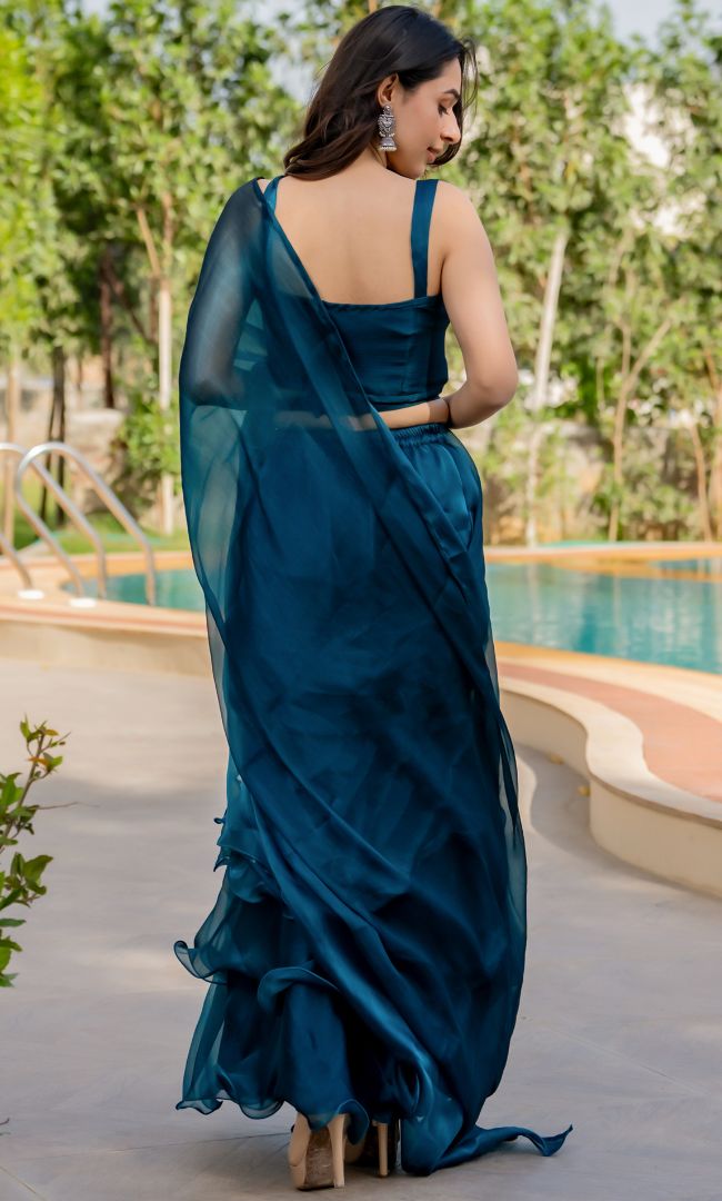 Prussian Shimmer Ruffle Saree