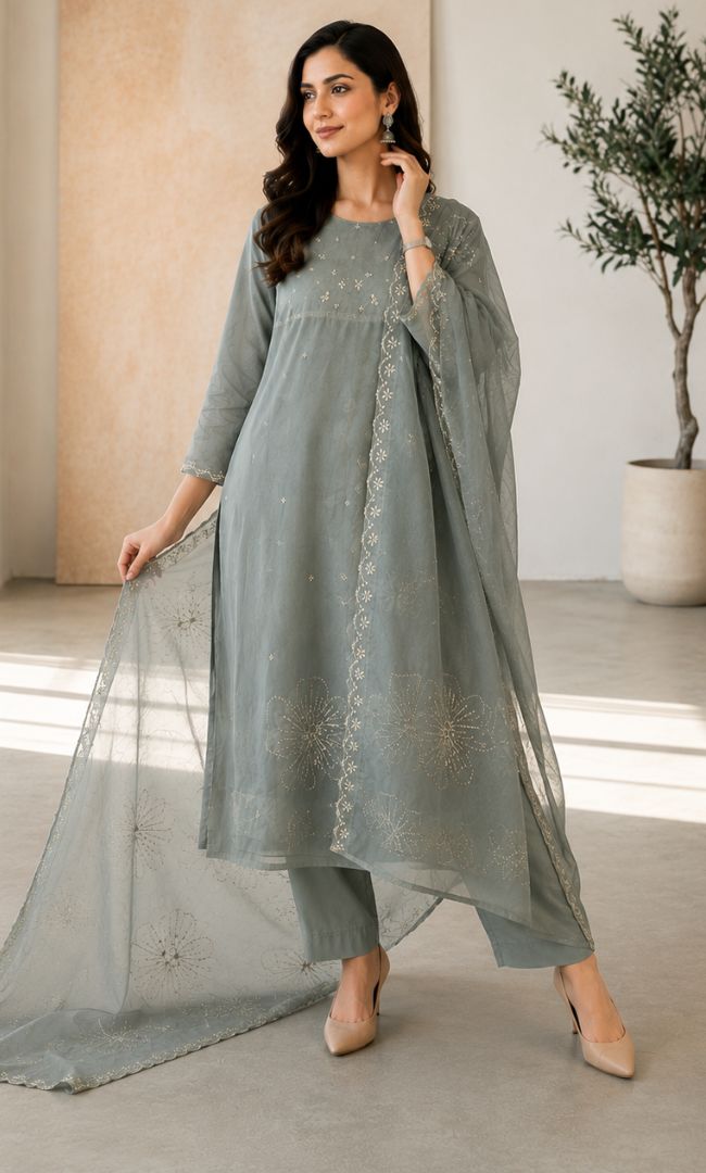 Sage Green Chanderi Suit Set
