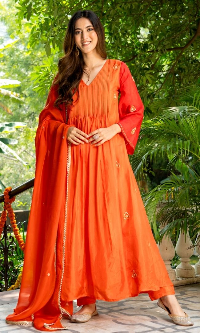 Orange & Red Embroidered Suit Set