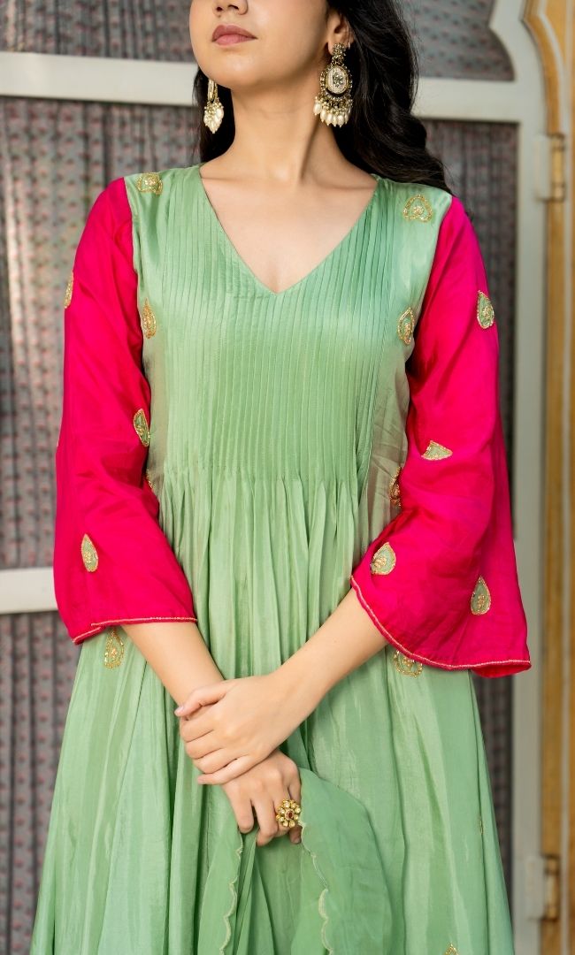 Sage Green & Pink Embroidered Suit Set