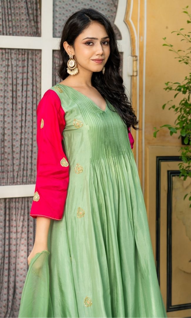 Sage Green & Pink Embroidered Suit Set
