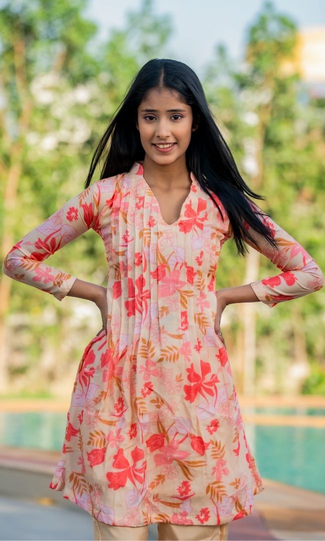 Peach Printed Kurta Set