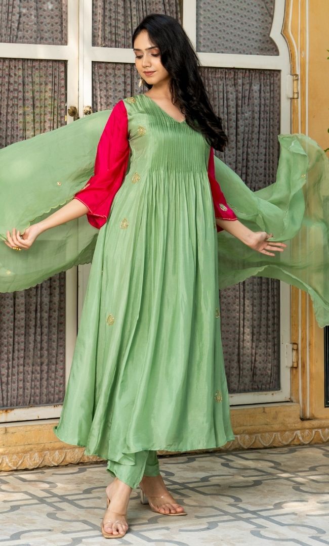 Sage Green & Pink Embroidered Suit Set