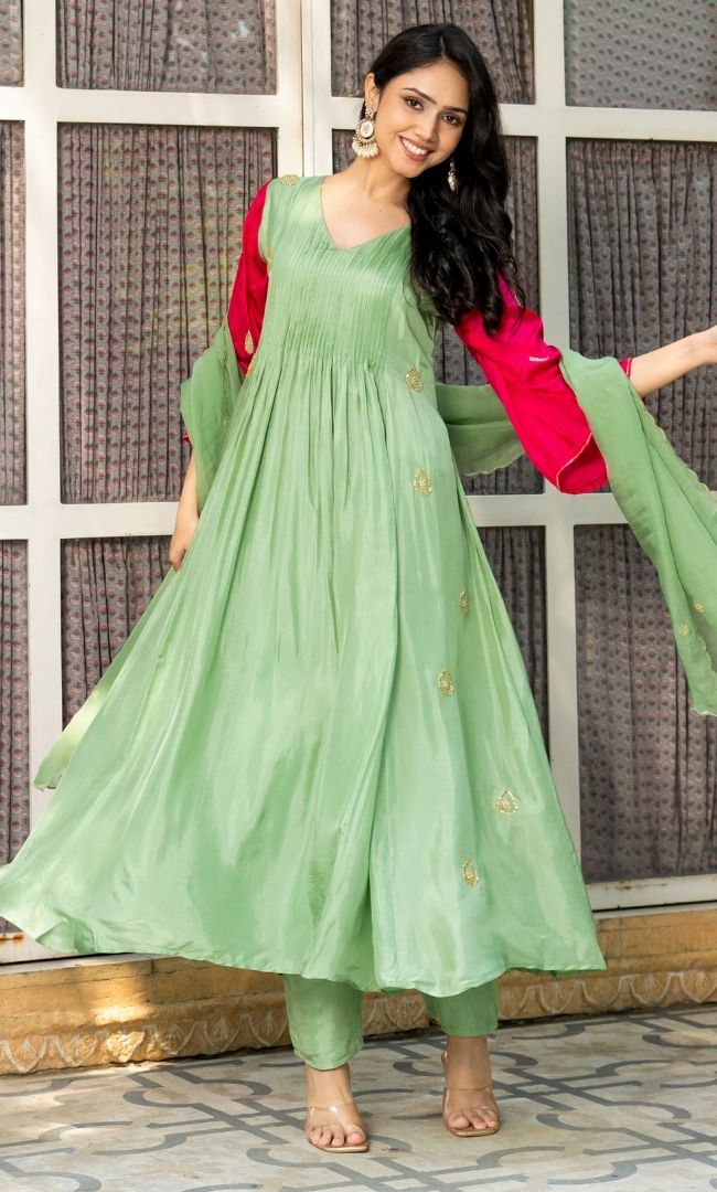 Sage Green & Pink Embroidered Suit Set