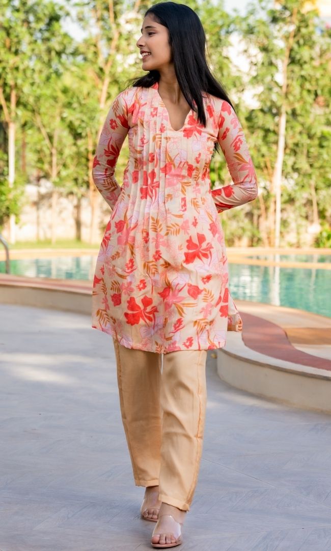 Peach Printed Kurta Set