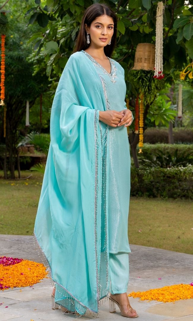 Cyan Blue Lurex Kurta Set