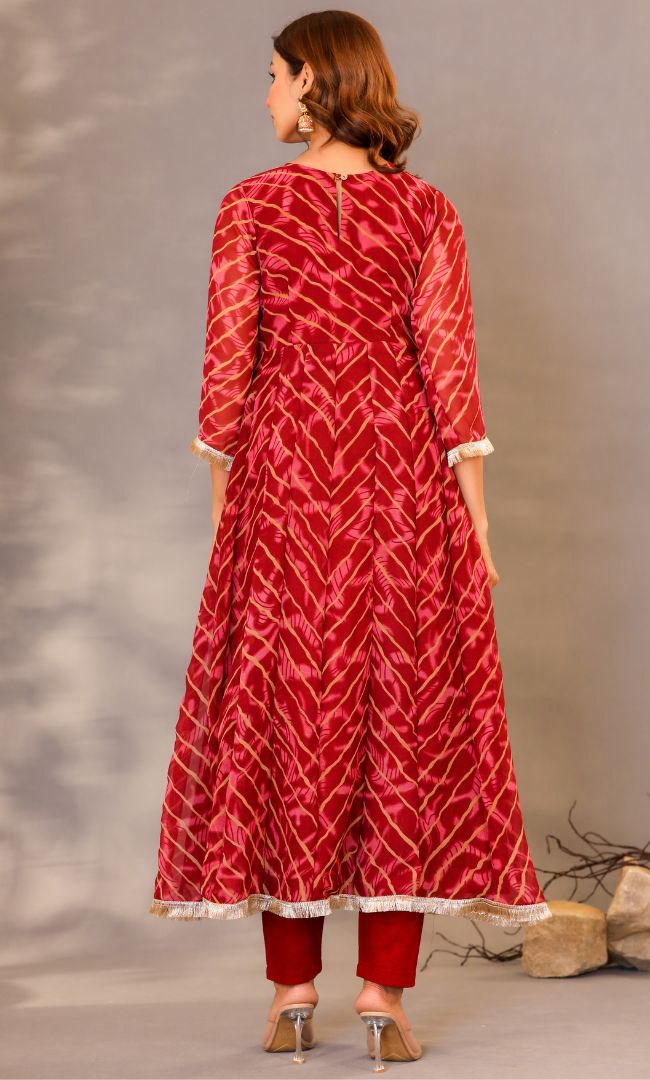 Maroon Leheriya Anarkali Set