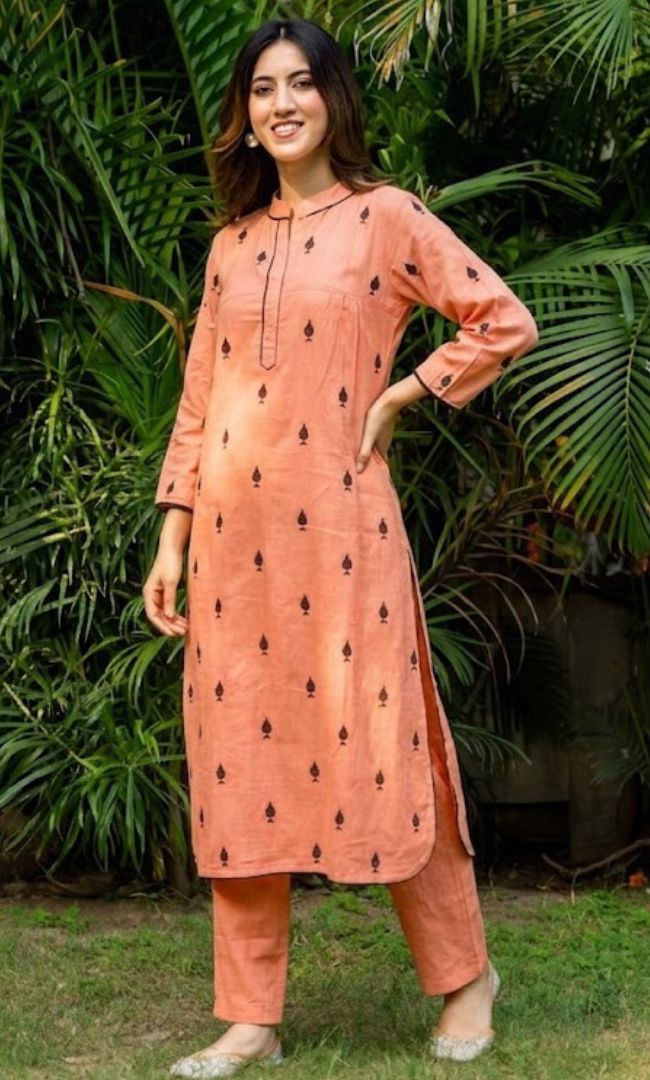 Peach Pikes Spades Cotton Kurta Set
