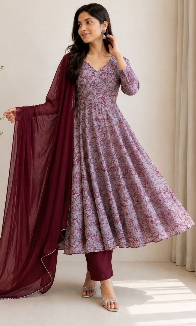 Maroon Floral Organza Anarkali Set