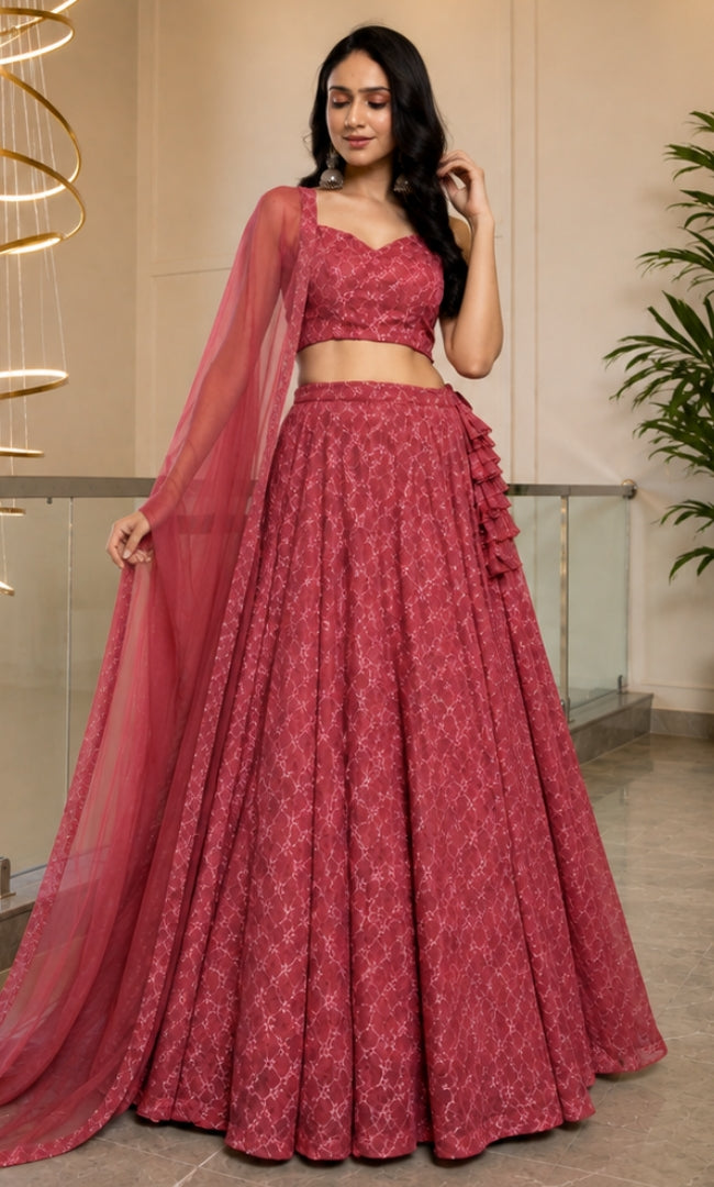 Berry Rose Jaal Embroidery Lehenga Set