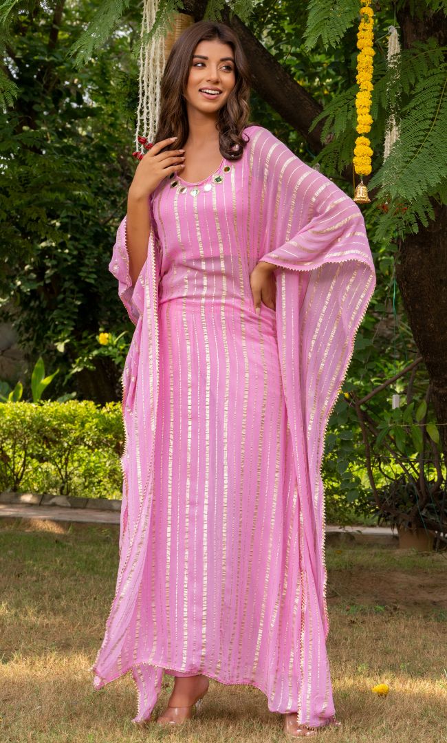 Baby Pink Mirror Work Kaftan Set