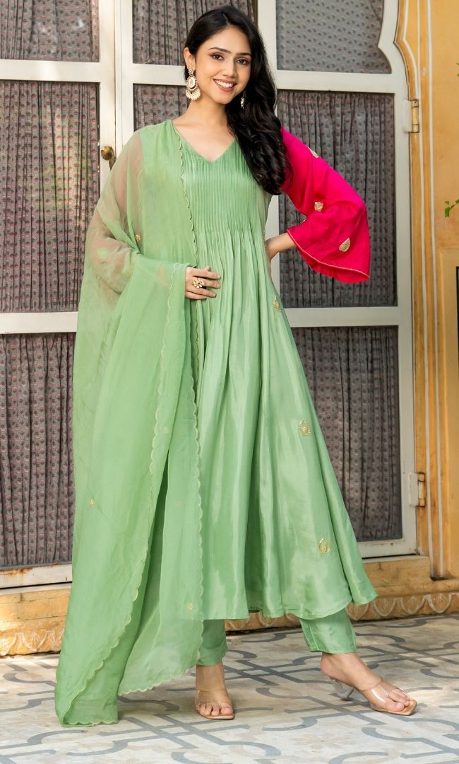 Sage Green & Pink Embroidered Suit Set
