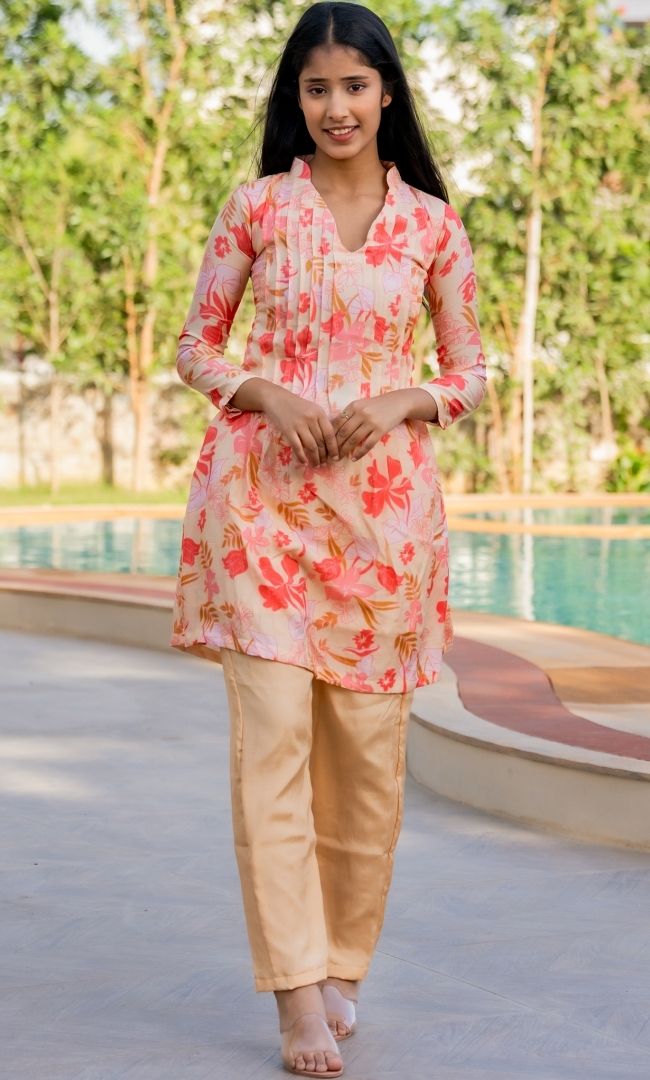 Peach Printed Kurta Set