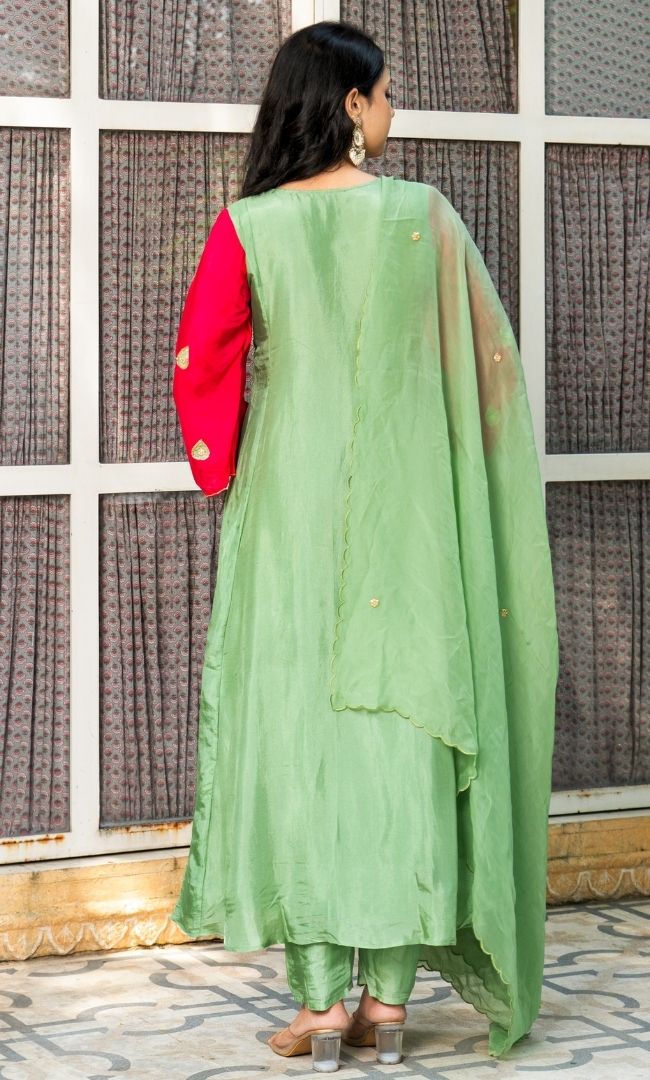 Sage Green & Pink Embroidered Suit Set