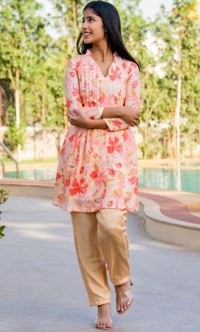 Peach Printed Kurta Set