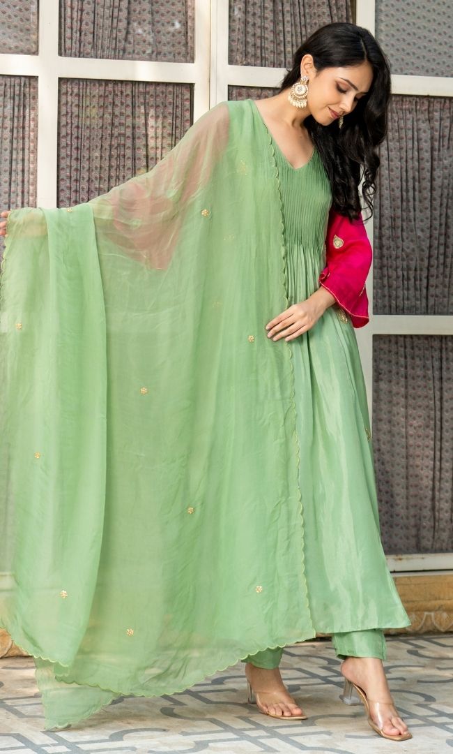 Sage Green & Pink Embroidered Suit Set
