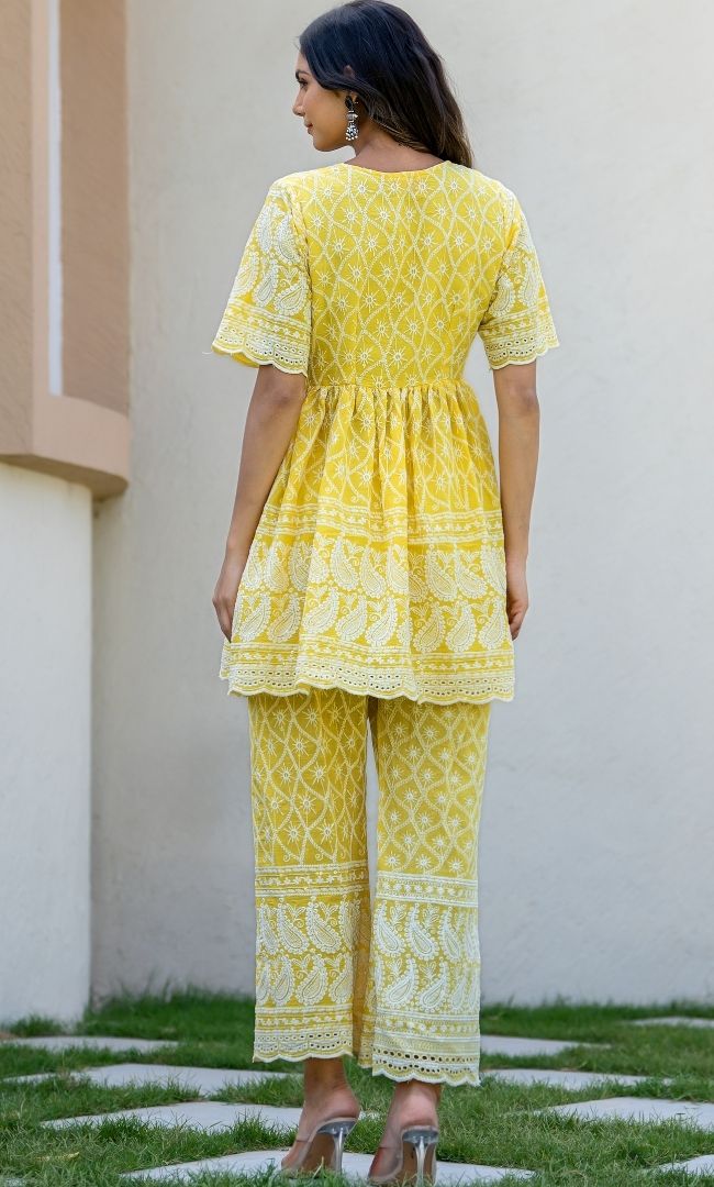 Lemon Chikankari Top Pant Set