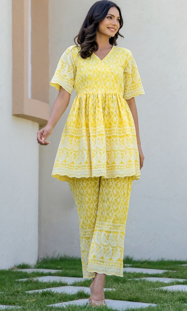 Lemon Chikankari Top Pant Set