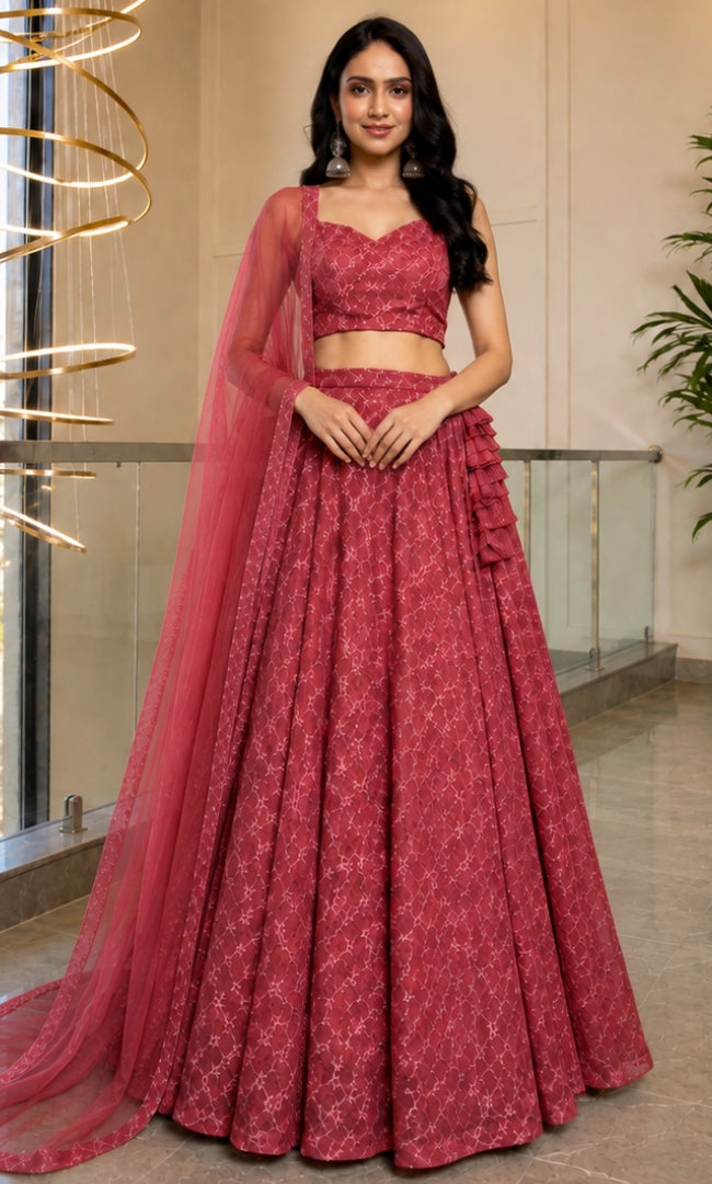 Berry Rose Jaal Embroidery Lehenga Set