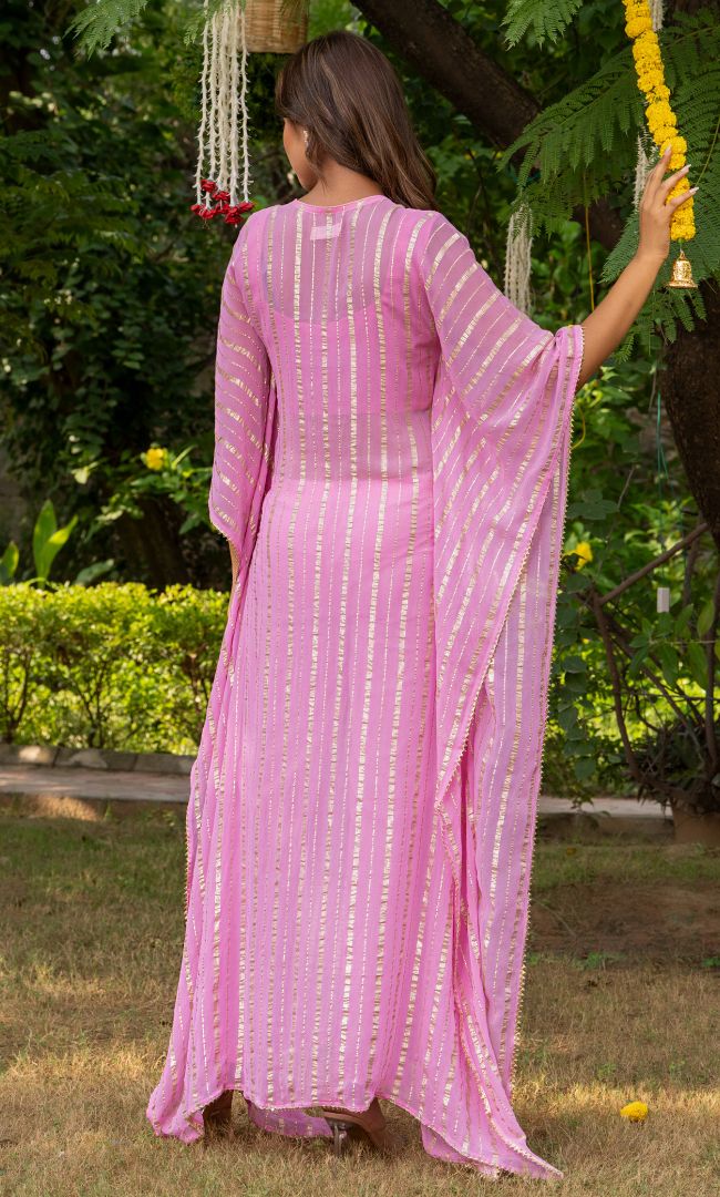 Baby Pink Mirror Work Kaftan Set