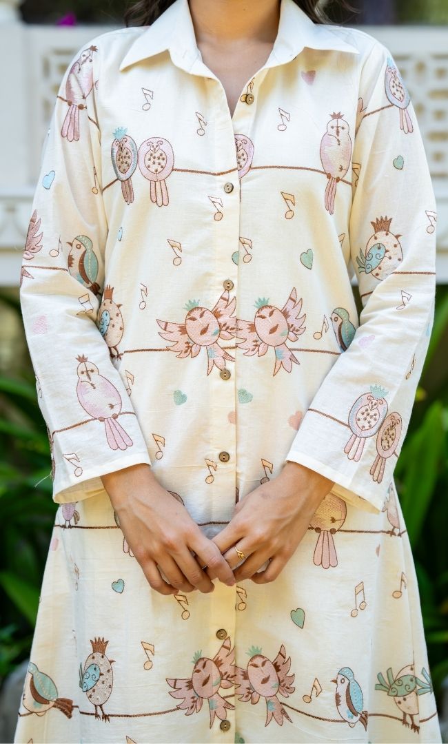 Bird Chirp Cotton Shirt Dress