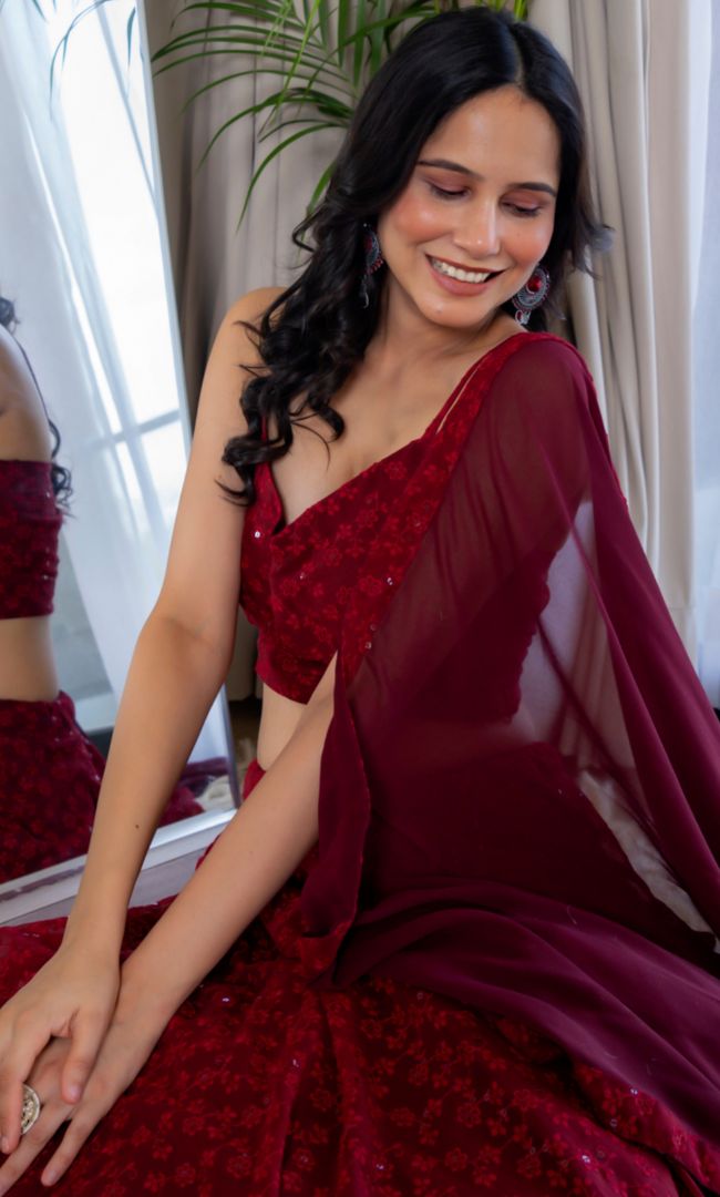 Twilight Maroon Chikankari Lehenga