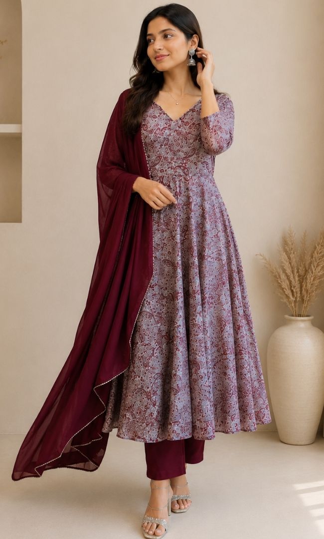 Maroon Floral Organza Anarkali Set
